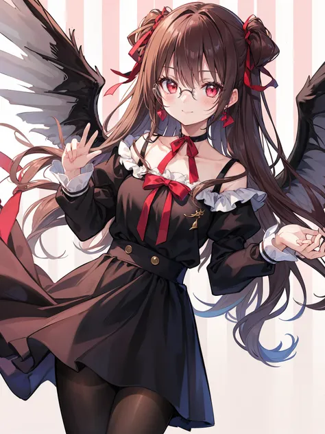 rating:safe, red_eyes, 1girl, solo, long_hair, wings, smile, glasses, long_sleeves, looking_at_viewer, striped, adjusting_eyewear, dress, closed_mouth, striped_background, choker, ribbon, skirt, puffy_sleeves, bangs, neck_ribbon, brown_hair, blush, black_w...