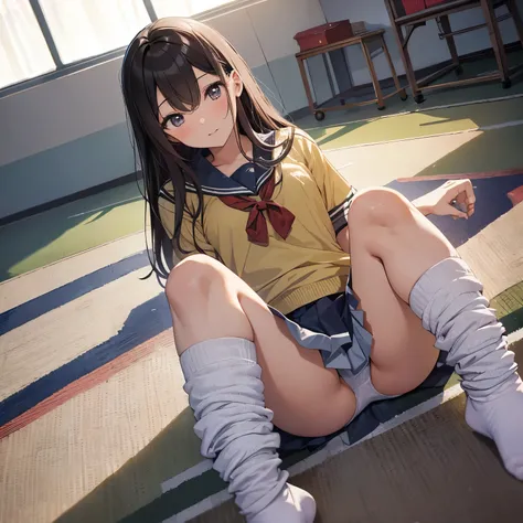 Masterpiece highest quality high resolution Tankai Narushu Takagi panchira , long hair, open your mouth, physical education sitting　beautiful feet 　high school girl　１５Year　uniform　Sexy　　Transparency　super beautiful girl