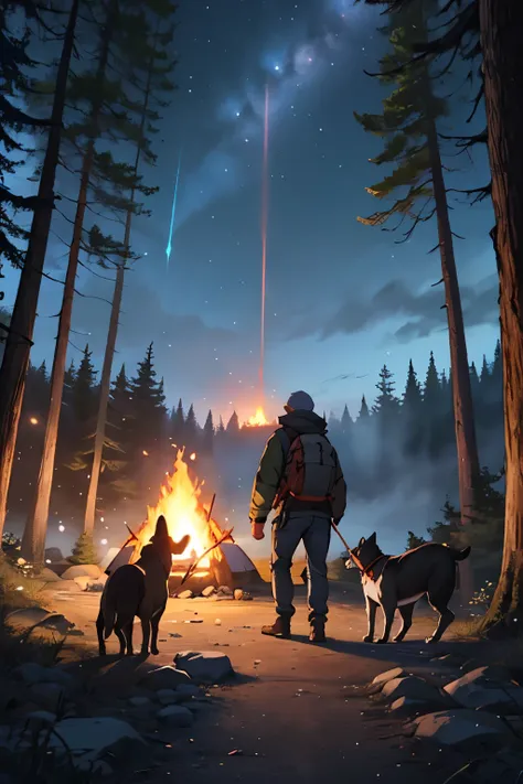 a man who likes camping , with a big dog, An illustration
Lighting a bonfire facing forward