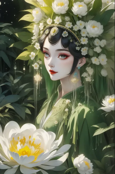 "Forest Queen Portrait，White peony, (masterpiece, best quality), (illustration), Strange fungal disease in dense forests, transparent viscous substance, Caustics, crystal, close up, intricate details, dark background, Sparkling spores, in the jungle，starli...