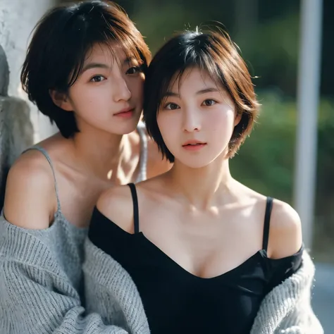 identical twin sisters sexy appearance, highest quality, masterpiece, ultra high resolution, (realistic:1.5), RAW photo, , off shoulder, in the dark, deep shadow, discreet key, cold light, short hair looking at camera、catch light