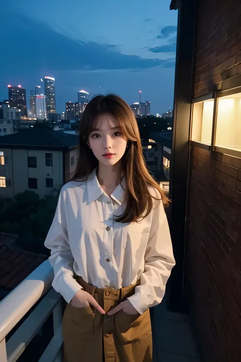 one beautiful woman。she is standing on the roof of the apartment、Staring at the night sky。pale brown hair。mid twenties。