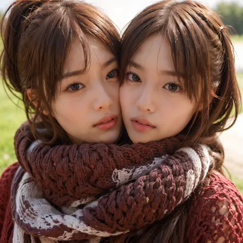 identical twin sisters hugging each other and 8k, highest quality, masterpiece, realistic, super detailed, photo realistic, impr...