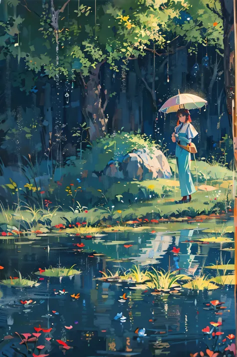 Ghibli,Hayao Miyazaki,Shin Haichenfeng,Nausicaa of the Valley of the Wind,8k,highest quality,image of leaves and raindrops, Romantic landscape style, Canon EOS 5D Mark IV, sunny impressionism, Traditional, Sparkling Water Reflection,
