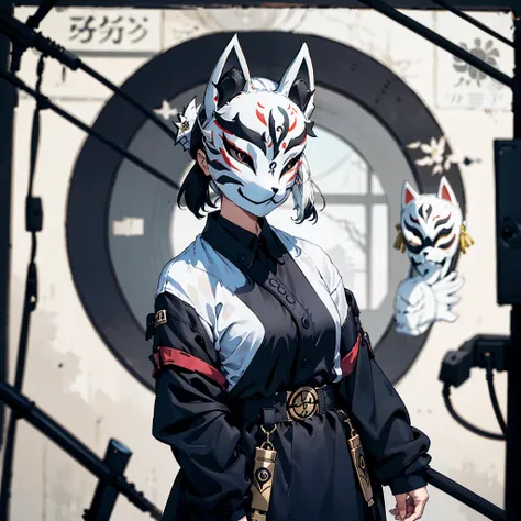 Fox mask Person wearing fox mask on face, black briefskirt, white shirt