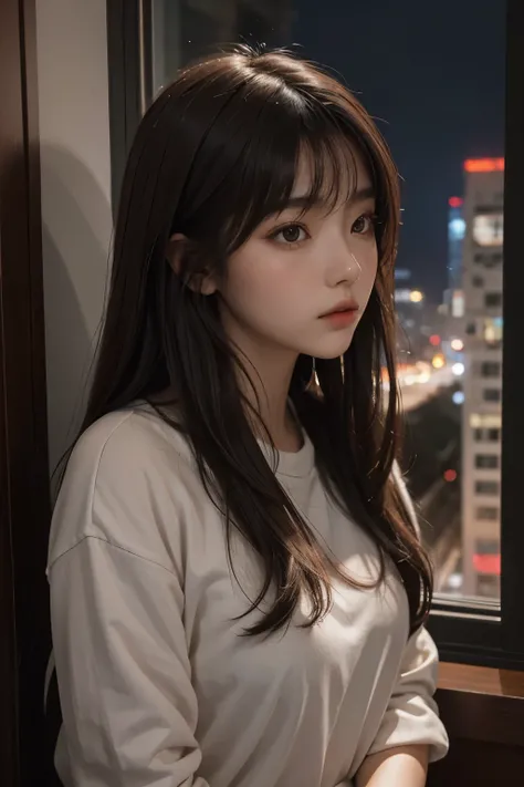 Upper body close-up image。one beautiful woman。dark brown hair。twenty years old。she looks out of her apartment window、Staring blankly at the night sky。