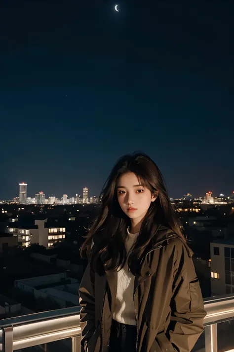 A beautiful woman. Dark brown hair. Twenty years old. She stands on the roof of her apartment, staring blankly at the night sky.