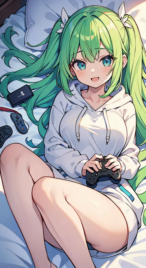 ((A Pretty girl with green hair and blue eyes lying on the bed)), ((wearing white hoodie)), ((with a game controller)), Baby face, ((master piece, top-quality, ultra-definition, high resolution)), anime girl, ((ultra-detailed illust:1.2)), only one person,...