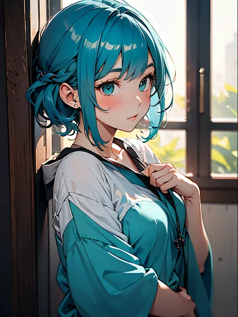 1 girl,aqua colored hair,soft light