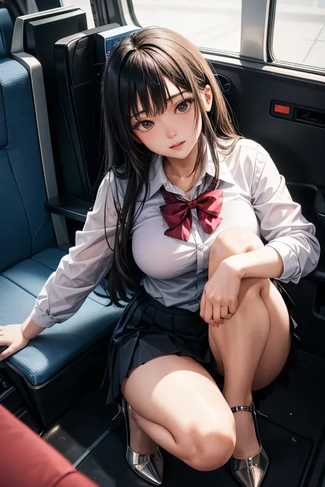 high heelsとプリーツminiskirtを着たCabin attendant , beautiful south japanese women, young asian woman, young adorable japanese face, Portrait of female idol, asian young girl, beautiful asian girl, young asian woman, face of young cute asian man ,Spread legs