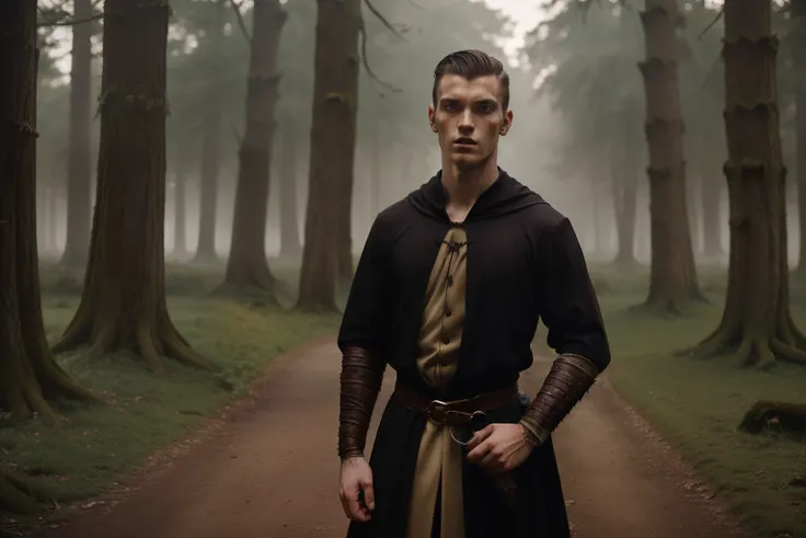 England, 1327. A young ((((22-year-old)) Ralph Fitzgerald)), intense eyes, ambitious, tall, athletic, in the forest, hunting, ((((evil expression)))). ((((clothings from the 1300s)))), ((dark hairstyle of the 1300s))