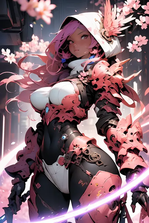 (masterpiece, top quality, best quality, official art, beautiful, cosmic, atmospheric, psychedelic, dreamlike, swirling psychedelic cosmic graffiti patterns,,aesthetic:1.2), (1girl, neon pink hair, mecha, beautiful, sexy, beautuful highly detailed hooded m...