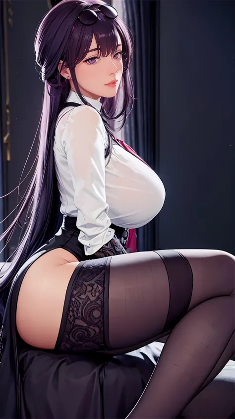 （（（完美figure，figure，Silver brooch at the neckline，There is a fuchsia lace at the cuffs，As well as a long streamer on the back，Wearing a white shirt underneath，Wear black leggings on the bottom，He wears a silk scarf on the left side，Purple stockings，Leggings...