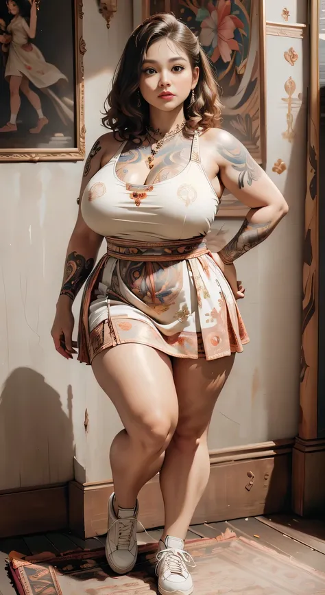 ((best quality)), ((masterpiece)), (detailed), perfect face, ((best quality)), ((masterpiece)), (detailed), perfect face, wanita chubby dewasa, wearing thight dress and thight skirt, chubby cheeks, chubby arm, chubby thighs, big breasts, wearing a sneakers...