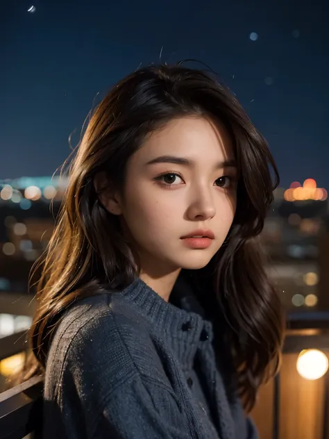 A beautiful woman. Dark brown hair. Twenty years old. She stares blankly at the night sky from the balcony of her apartment.