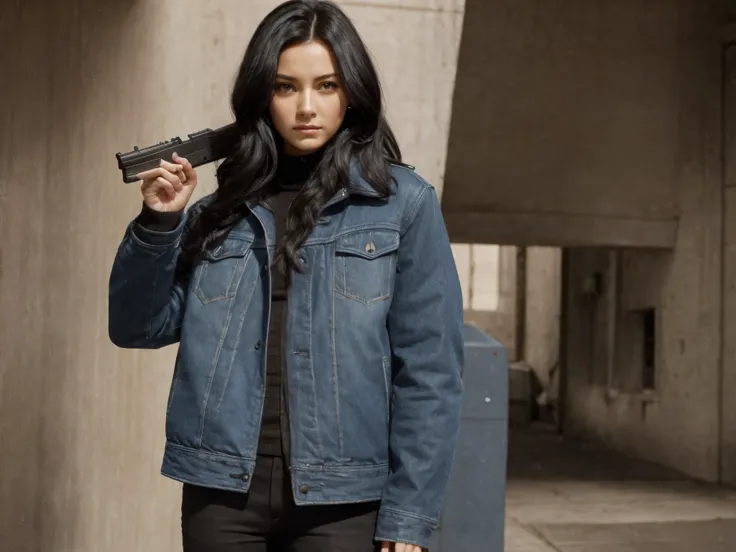 Beautiful,black hair，Heteropupil，Blue-brown eyes,wearing jacket,standing and holding a gun