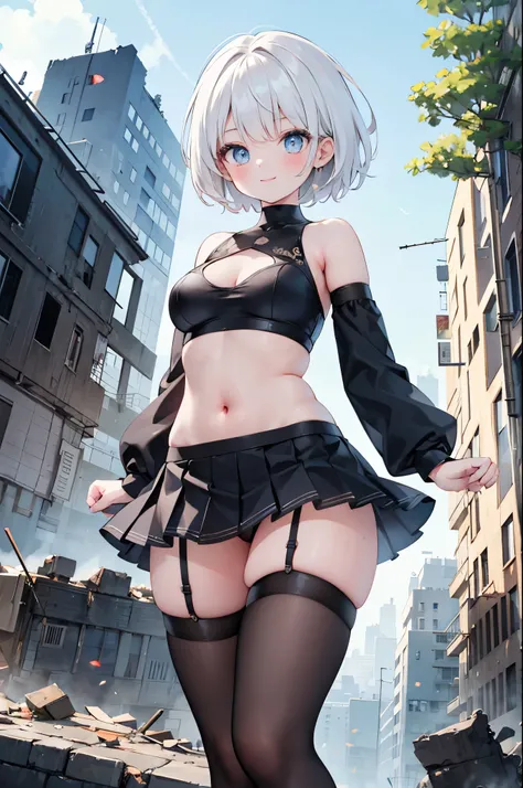 realistic image, coherent image, detailed image, 1 beautiful girl. She has short, white hair. Her eyes are blue, long eyelashes. Her face is oval and delicate, smiling. She is wearing a long-sleeved, shoulder-baring, off-shoulder top, pleated mini skirt, a...