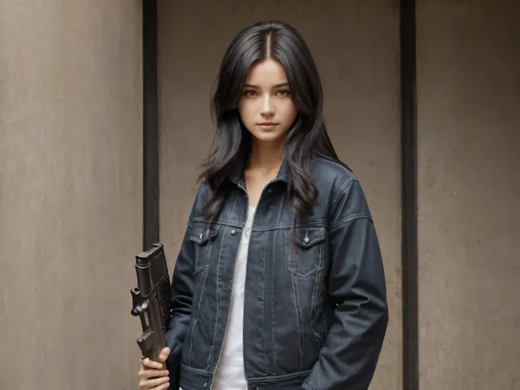 Beautiful,black hair，Heteropupil，Blue-brown eyes,wearing jacket,standing and holding a gun