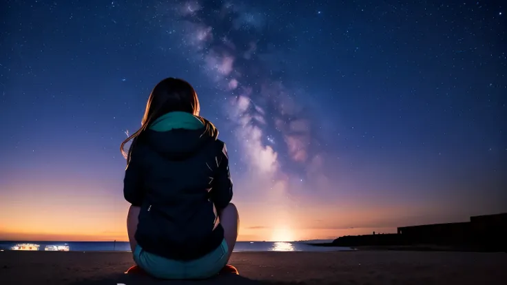 shooting star, rear view of a girl sitting on the ground and looking up at the sky, polaris, quiet night, seaside