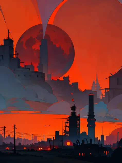 The sky turned red.A big red moon is visible.Under the moon stands a dilapidated modern city in the shape of a circle with high walls.,ditches,towers and cannons.Flocks of Monsters come from the wasteland in hordes.