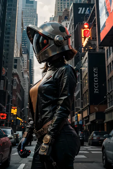 Un dibujo animado plano moderno Loco con un Big ONE, un robot con un solo ojo y un casco estilo Rocketeer, pinzas en las manos, television head, cabeza de alfiler, camuflaje rojo oxidado, Environment in a super detailed New York City., centro, hermoso, sof...