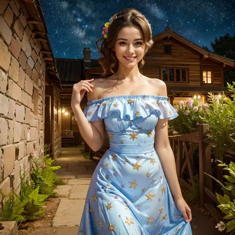 Best quality, masterpiece, ultra high res, (photorealistic:1.4), raw photo, 1girl, 30 yo woman, off shoulder dress, smile, glamorous clothing, country lane, vivid starry sky