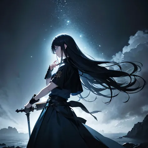 dark atmosphere, Emotional, melancholic key visual, rich colors, extremely difficult、have a sword、Mental concentration、blue eyes、There is momentum、flowing movement