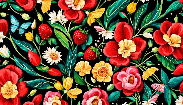 ((((RED background)))) Seas of freshness with the Ocean Rose — ocean breeze, sun-bleached driftwood, and a touch of salty sea air. colorful pearls, jewels, ((butterfly)), ((yellow small stars)), (strawberry), rose, || (embroidery) seamless pattern, fruit...