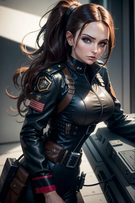 30 year old women, fabulous, gorgeous, best quality, 8k, Captain of a war spaceship, brunette with a ponytail, hazel eyes, stern face, officers jacket, Fujifilm, 12k, gothic, dark, ultra sharp