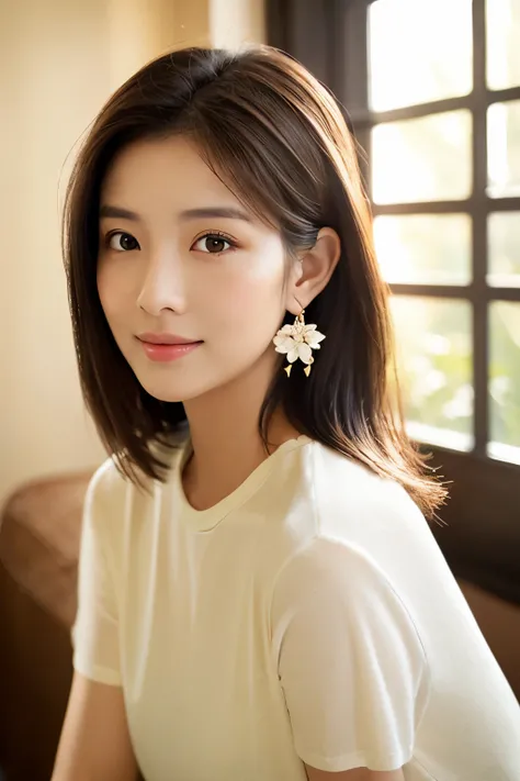 Woman with good style. Asian woman. Create an image of a young woman with a soft, youthful appearance. She has large, expressive eyes with a subtle touch of makeup enhancing her natural beauty. Her skin has a radiant glow, and her cheeks are gently blushed...