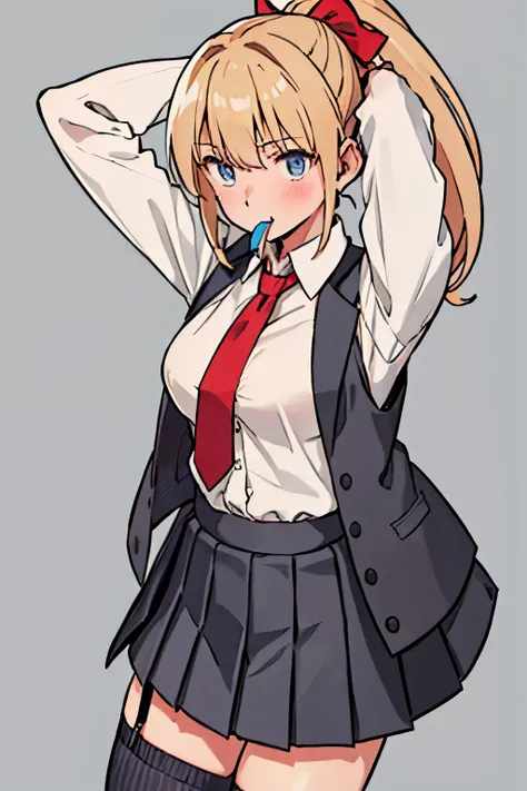 1girl, blonde_hair, skirt, blue_eyes, necktie, pleated_skirt, shirt, ponytail, vest, multiple_views, mouth_hold, socks, school_uniform, short_sleeves, white_background, looking_at_viewer, white_shirt, red_necktie, simple_background, blush, hair_ribbon, kne...