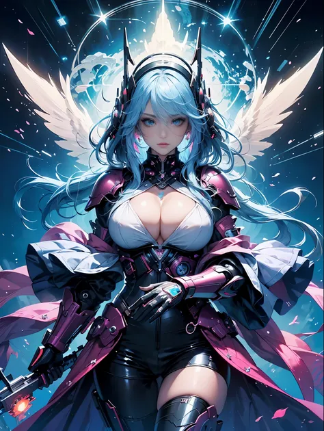 (masterpiece, top quality, best quality, official art, beautiful, cosmic, atmospheric, psychedelic, dreamlike, swirling psychedelic cosmic graffiti patterns,,aesthetic:1.2), (1girl, neon blue hair, mecha, beautiful, sexy, beautuful highly detailed hooded m...