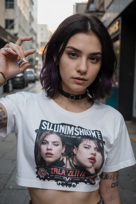 ((Mejor calidad)), ((Obra maestra)), (detallado),frontal portrait, cara perfecta, SEXY, purple hair, beautiful angry late teen latin urban punk girl with tattoos taking a selfie, dressed only with a very oversized sexy man tee shirt and tiny stilished punk...