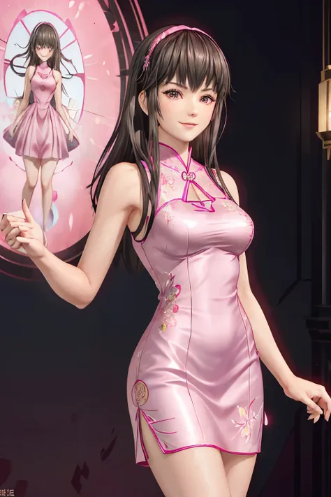 hitomi in a shiny_pink_cheongsam_with_floral_pattern, rose_dress, shiny_fabric, smooth_dress, very_short_dress, turleneck, bare_...