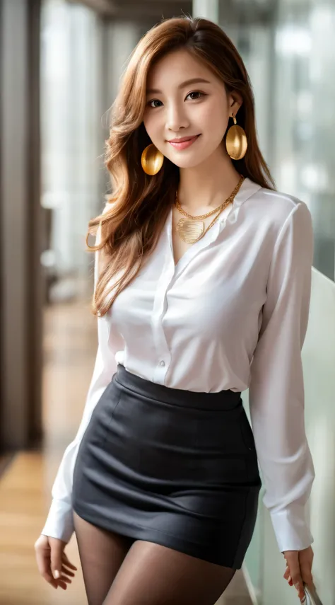 A bewitching beautiful mature elite secretary dressed in a luxurious silk blouse.、 40 years old、Height: 154cm、well-proportioned body shape、Hourglass-like body shape、skirt and thighs、While walking down the hallway、business services、(wear pantyhose、realistic...