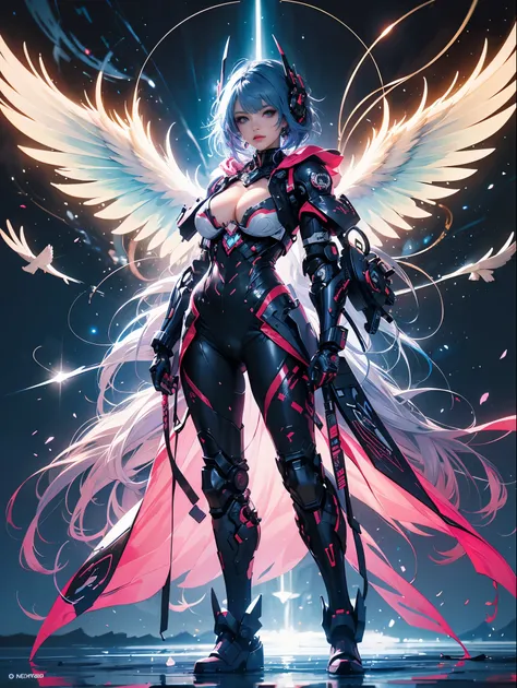 (masterpiece, top quality, best quality, official art, beautiful, cosmic, atmospheric, psychedelic, dreamlike, swirling psychedelic cosmic graffiti patterns,,aesthetic:1.2), (1girl, neon blue hair, mecha, beautiful, sexy, beautuful highly detailed hooded m...