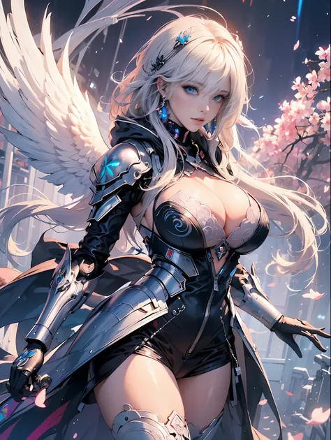 (masterpiece, top quality, best quality, official art, beautiful, cosmic, atmospheric, psychedelic, dreamlike, swirling psychedelic cosmic graffiti patterns,,aesthetic:1.2), (1girl, neon white hair, mecha, beautiful, sexy, beautuful highly detailed hooded ...