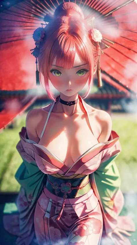 elegant photo, enticing shot of (young shrine maiden:1.1), sakura petals, (beautiful masterpiece, best quality, ultra-highres photo), unique angle, three-quarters body, taken with Sony A7, arms behind, 
BREAK 
(glimmering red hair, bobcut:1.15), (huge brea...