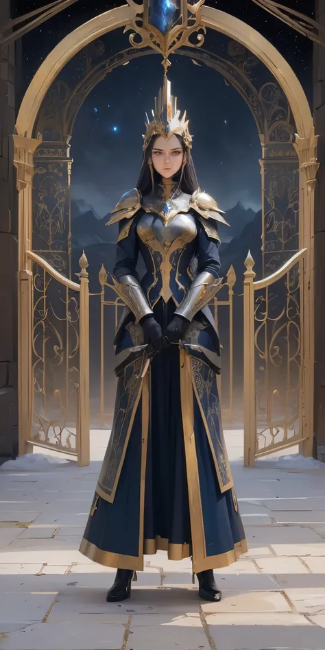 Beautiful extremely tall female feminine pretorianesque castle guard stands watch, holding a long sharped war scythe, clad in alien mechanically complex foreign armor, helmet with long grebes of red blue and gold, armor of gold silver pearl and onyx, alien...