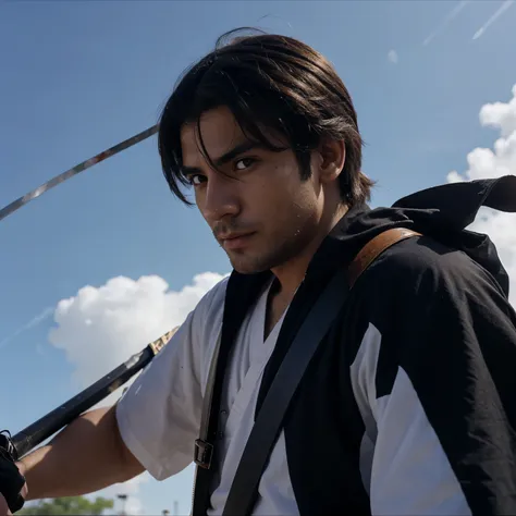 Do Manuel Gomes as if you were in an anime, eu quero que ele esteja com uma katana muito louca, also do it with the katana, killing the enemies ahead and spraying blood on the screen and in the sky