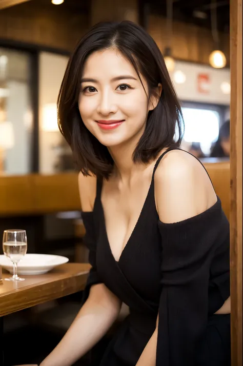 ulzzang-6500-v1.1, (RAW photo:1.2), (Photoreal), (genuine:1.4), (muste piece),(very realistic, High resolution, detailed face, fine eyes), thin woman, 40 years old, cute face, look at the audience, (very affectionate smile:1.2)、Straight Bob Hair＿lower fron...