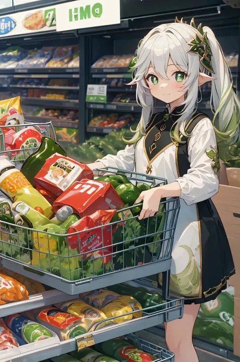 ((masterpiece)), ((bestquality), 1girl, youth, age 12, kid, nahida, ganshin impact, (groceries:1.2), super market, inside supermarket background, happy, joy, anime, lineart, highres, 4k
