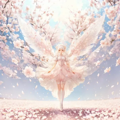 white-haired fairy wearing pink transparent sparkling diamond dress、on the sky，livestock，long legs，symmetrical wings,magic，sakur...