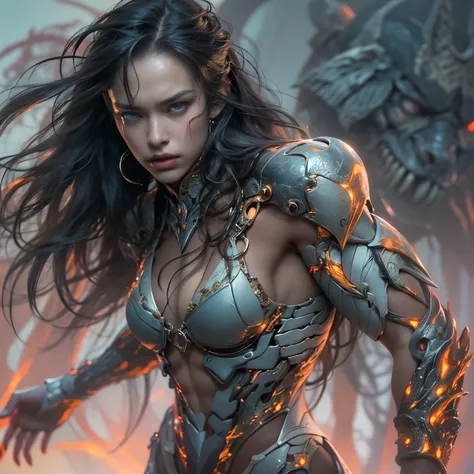 1 female alien, The predator, (extremely beautiful:1.2), (intense gaze:1.4), (predator:1.1), long dark claws, (NSFW:1), nipples, thick eyebrows, (She has shining sky blue orange eyes:1.2), the most beautiful face in the universe, jet black hair, symmetrica...