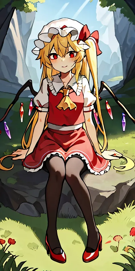 flandre scarlet (long hair) , Cute big eyes , maid attire, black pantyhose, high heels ,Sit politely ,Sitting on the grass in a cave, there was light shining on it.