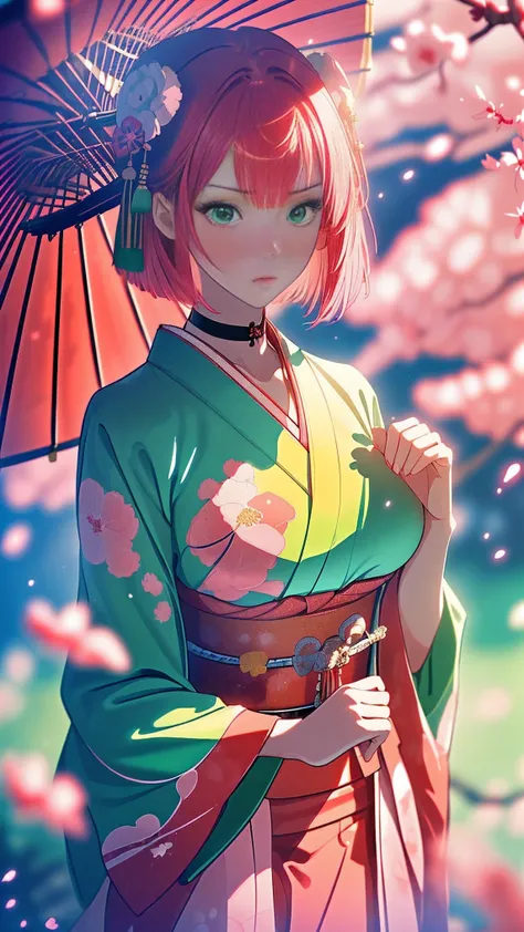 elegant photo, enticing shot of (young shrine maiden:1.1), sakura petals, (beautiful masterpiece, best quality, ultra-highres photo), unique angle, three-quarters body, taken with Sony A7, arms behind, 
BREAK 
(glimmering red hair, bobcut:1.15), (huge brea...