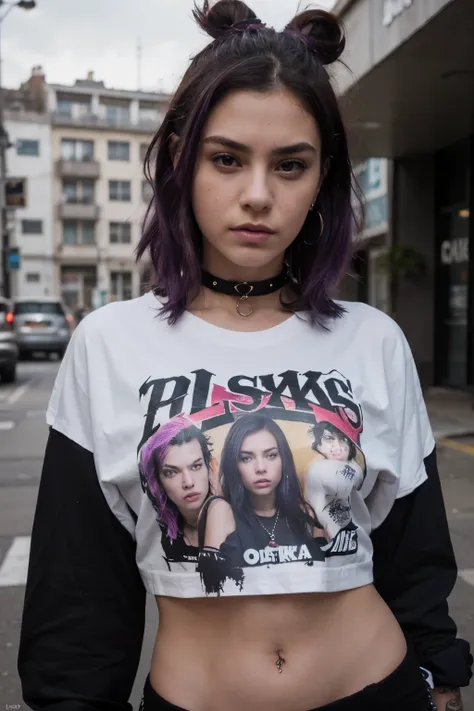 ((Mejor calidad)), ((Obra maestra)), (detallado),frontal portrait, cara perfecta, SEXY:2, purple hair, beautiful angry late teen latin urban punk girl with tattoos taking a selfie, ((dressed only with a very oversized sexy man tee shirt and tiny stilished ...