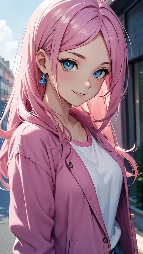 Pink hair girl, blue eyes, wearing casual clothes, looking at viewer. Smiling 