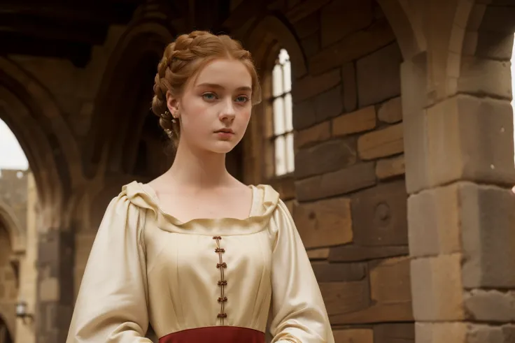 England, 1339. A young ((((22-year-old)) Caris Wooler)), attractive, expressive eyes, standing in a stage in the village square, ((panic expression)). ((((clothings from the 1300s, gown)))), ((light chestnut hairstyle of the 1300s)) 