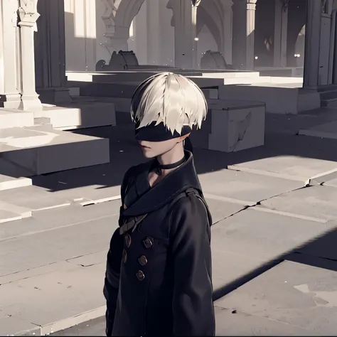 1 man. Adult.  White hair.  His eyes are covered by a black bandage.  In a city ruins. 